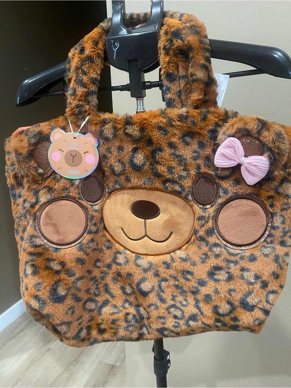 Women’s Leopard Animal Print Faux Fur Bear Face Tote Top Handle Bow Charm